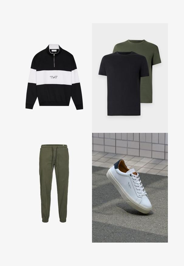 Pier One Sudadera - jet black; Dos camisetas de cuello redondo en negro y verde oliva, hechas de suave tela de algodón. El diseño es simple, con mangas cortas y corte recto.; Pantalones jogger en verde oliva con cintura elástica, cierre de cordón y puños ajustados. Fabricados en suave tela de algodón texturizada.; Zapatilla de cuero blanca con talón en azul marino, punta redonda y acentos en marrón a contraste. Presenta cordones planos y suela de goma texturizada.