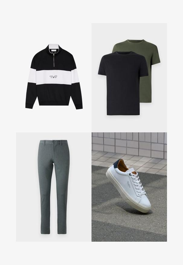 Pier One Sweatshirt - jet black; Two crew-neck t-shirts in black and olive green, made of soft cotton fabric. The design is simple with short sleeves and a straight cut.; Gray tailored trousers with a textured fabric, straight cut, button closure, belt loops, and a slim fit design.; White leather sneaker with a navy heel, round toe, and contrasting brown accents. Features flat laces and textured rubber sole.