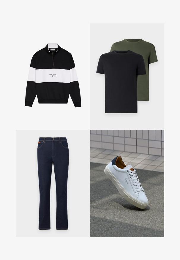 Pier One Sudadera - jet black; Dos camisetas de cuello redondo en negro y verde oliva, hechas de suave tela de algodón. El diseño es simple, con mangas cortas y corte recto.; Jeans de mezclilla azul oscuro con corte recto, que presentan costuras naranjas, cinco bolsillos y un cierre de botón en la cintura.; Zapatilla de cuero blanca con talón en azul marino, punta redonda y acentos en marrón a contraste. Presenta cordones planos y suela de goma texturizada.