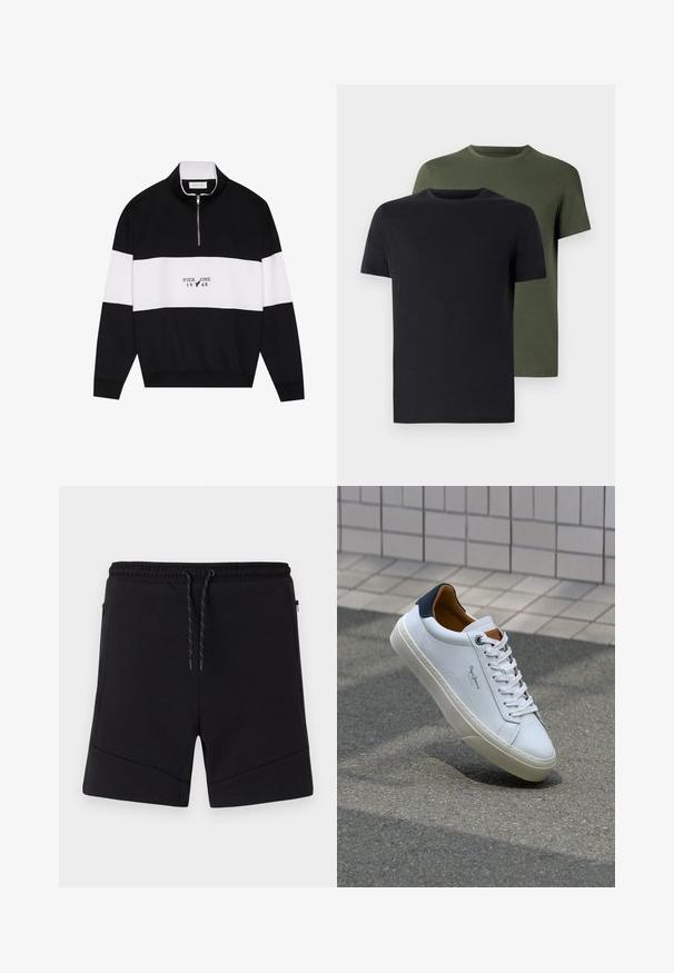 Pier One Sweatshirt - jet black; To t-skjorter med rund hals i svart og olivengrønn, laget av myk bomullstoff. Designet er enkelt med korte ermer og rett snitt.; Svart idrettsshorts laget av myk stoff, med elastisk midjebånd, snøring og sidelommer med glidelås og forsterkede sømmer.; Hvit lærsneaker med marineblå hæl, rund tå og kontrasterende brune detaljer. Har flate lisser og teksturert gummisåle.