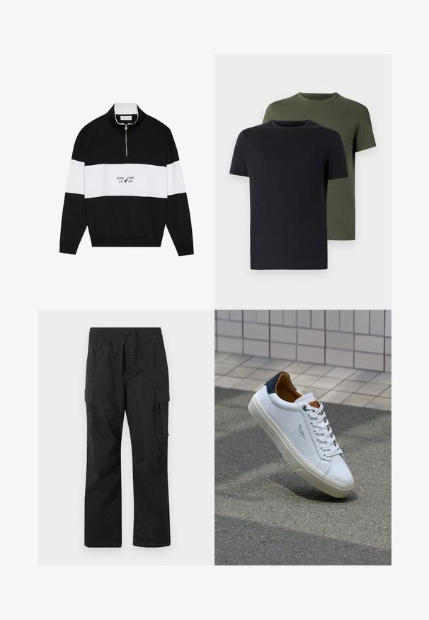 Pier One Collegepaita - jet black; Kaksi miehen kaula-aukolla varustettua t-paitaa mustana ja oliivinvihreänä, valmistettu pehmeästä puuvillakankaasta. Suunnittelu on yksinkertainen, lyhyet hihat ja suora leikkaus.; Mustat verkkohousut, jotka on valmistettu kevyestä kankaasta, varustettu joustavalla vyötäröllä, säätönyörillä ja kahdella sivupaketilla.; Valkoinen nahkakenkä, jossa on tummansininen kantapää, pyöreä kärki ja ristikkäiset ruskeat korostukset. Varustettu tasapaksuilla nauhoilla ja teksturoidulla kumipohjalla.