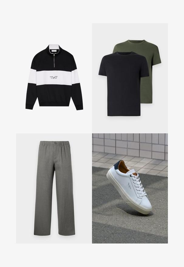 Pier One Sportska majica - jet black; Dva majica s okruglim izrezom u crnoj i maslinastoj boji, napravljena od mekanog pamučnog materijala. Dizajn je jednostavan s kratkim rukavima i ravnim krojem.; Sive lanene hlače opuštenog kroja, s elastičnim pojasom, kopčanjem na dugme i ravnim nogavicama. Glatka tekstura, minimalistički dizajn.; Bijela kožna tenisica s mornarskom petom, okruglim vrhom i kontrastnim smešnim akcentima. Sadrži ravne vezice i teksturiranu gumenu potplat.