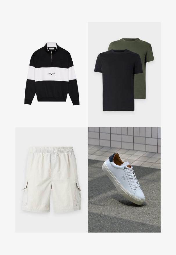 Pier One Pusa - jet black; Kaks ümarate kaelustega t-särki mustas ja oliivrohelises värvuses, valmistatud pehmest puuvillakangast. Kujundus on lihtne, lühikeste varrukatega ja sirge lõikega.; Heledad hallid cargo lühikesed püksid elastse vöökohtaga, kahe külgekotiga ja diskreetse logoga vasakul kotil.; Valge nahast tennis, millel on tumesinine konts, ümmargune nina ja kontrastsed pruuni aktsendid. Omab lamepaelti ja tekstureeritud kummist tallat.