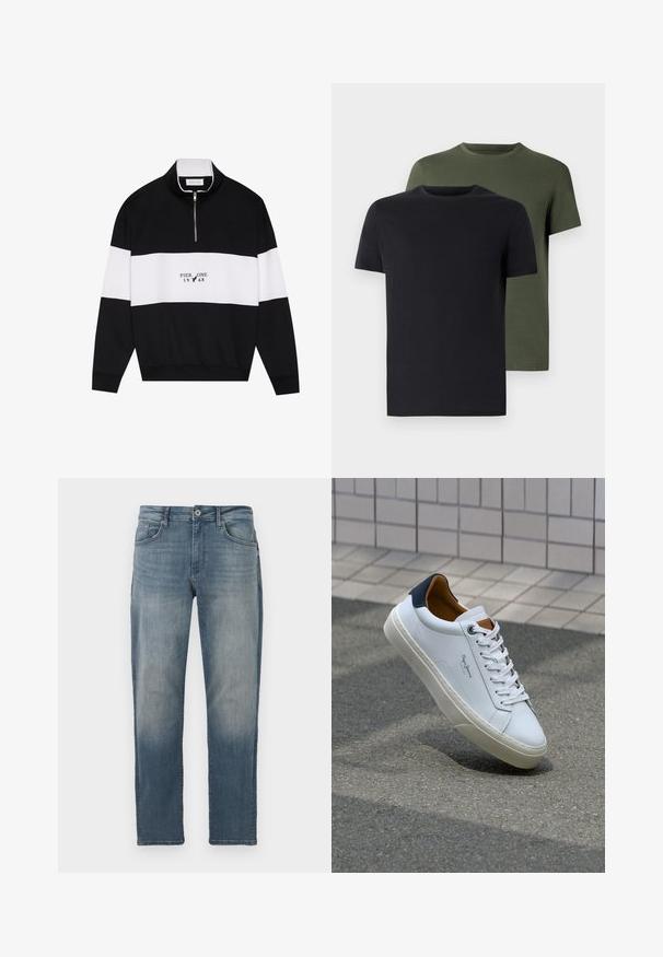 Pier One Camisola - jet black; Duas t-shirts de gola redonda nas cores preto e verde-oliva, feitas de um tecido de algodão suave. O design é simples, com mangas curtas e corte reto.; Jeans de ganga azul claro com corte reto, design de cinco bolsos, fecho de botão metálico e desbotamento subtil na parte da frente.; Sapatilha de couro branco com calcanhar azul marinho, bico redondo e detalhes em castanho contrastantes. Apresenta atacadores planos e sola de borracha texturizada.