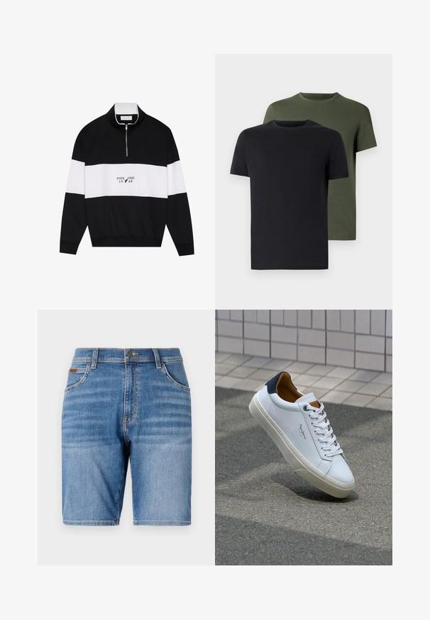Pier One Sportinis megztinis - jet black; Du vtų polo marškiniai juodos ir alyvuogių spalvos, pagaminti iš minkštos medvilnės. Dizainas yra paprastas, su trumpomis rankovėmis ir tiesiu kirpimu.; Vidutinės mėlynos džinsinės šortai, pasižymintys klasikiniu penkių kišenių dizainu, tiesiu kirpimu ir siuvinėjimu palei siūles.; Balti odiniai sportbačiai su mėlynu kulnu, apvalia nosimi ir kontrastingais rudais akcentais. Aptakios raišteliai ir tekstūruota guma.
