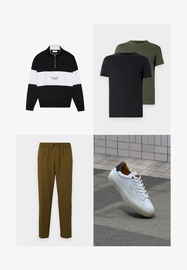 Pier One Bluză de molton - jet black; Două tricouri cu guler rotund, unul negru și unul verde măsliniu, realizate dintr-un material de bumbac moale. Designul este simplu, cu mâneci scurte și tăietură dreaptă.; Pantaloni ușori de culoare verde măsliniu, cu talie elastică și șnur reglabil. Au picioare drepte și nu au buzunare. Textură netedă.; Adidași din piele albă cu călcâi bleumarin, vârf rotund și accente contrastante de culoare maro. Dispun de șireturi plate și talpă din cauciuc texturat.