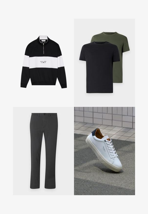 Pier One Sweatshirt - jet black; To stykker crew-neck t-shirts i sort og olivengrøn, lavet af blødt bomuldsstof. Designet er enkelt med korte ærmer og lige skæring.; Sorte bukser lavet af glat stof, med lige ben-design, lynlås, knaplukning og bæltestropper. Enkel og funktionel stil.; Hvide lædersneakers med en marineblå hæl, rund tå og kontrasterende brune detaljer. Har flade snørebånd og en tekstureret gummisål.