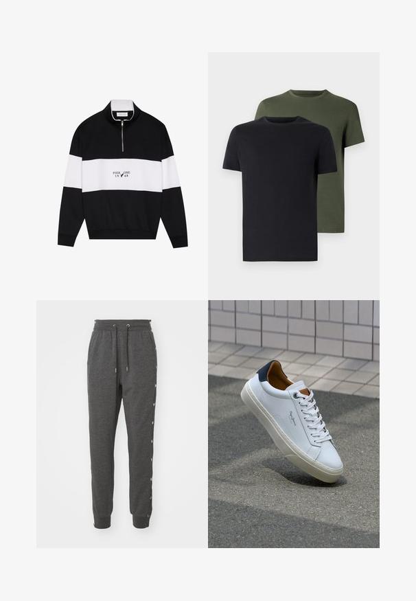 Pier One Collegepaita - jet black; Kaksi miehen kaula-aukolla varustettua t-paitaa mustana ja oliivinvihreänä, valmistettu pehmeästä puuvillakankaasta. Suunnittelu on yksinkertainen, lyhyet hihat ja suora leikkaus.; Harmaat verkkarit, jotka on valmistettu pehmeästä kankaasta. Niissä on kiristysnyöri vyötäröllä, nilkkakumit ja nappikiinnitys sivuilla helpon pääsyn vuoksi.; Valkoinen nahkakenkä, jossa on tummansininen kantapää, pyöreä kärki ja ristikkäiset ruskeat korostukset. Varustettu tasapaksuilla nauhoilla ja teksturoidulla kumipohjalla.