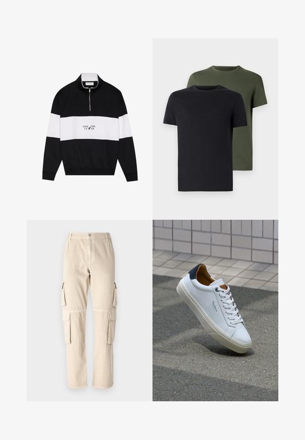 Pier One Sweatshirt - jet black; Two crew-neck t-shirts in black and olive green, made of soft cotton fabric. The design is simple with short sleeves and a straight cut.; Beige cargo pants made of cotton. Features side pockets, straight leg design, and a button closure at the waistband. Simple stitching details.; White leather sneaker with a navy heel, round toe, and contrasting brown accents. Features flat laces and textured rubber sole.