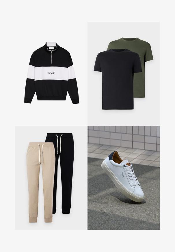 Pier One Sweatshirt - jet black; Two crew-neck t-shirts in black and olive green, made of soft cotton fabric. The design is simple with short sleeves and a straight cut.; Two pairs of sweatpants: one beige and one black, featuring elasticated cuffs and drawstring waistbands with silver hardware accents.; White leather sneaker with a navy heel, round toe, and contrasting brown accents. Features flat laces and textured rubber sole.
