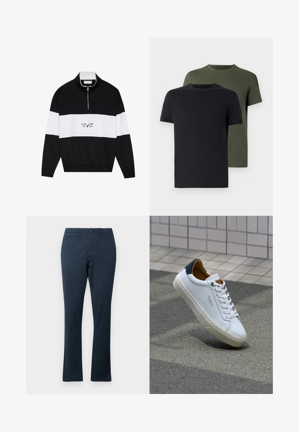 Pier One Mikina - jet black; Dvé tričká s okrúhlym výstrihom v čiernej a olivovej zelenej farbe, vyrobené z mäkkej bavlnenej látky. Dizajn je jednoduchý s krátkymi rukávmi a rovný strih.; Námornícke modré nohavice z bavlneného zmesi so strihom do rovného strihu, s prednými vreckami, gombíkovým zapínaním a pútkom na opasok. Hladká textúra.; Biele kožené tenisky s námorníckym opätkom, okrúhlou špičkou a kontrastnými hnedými akcentami. Majú ploché šnúrky a textúrovanú gumovú podrážku.