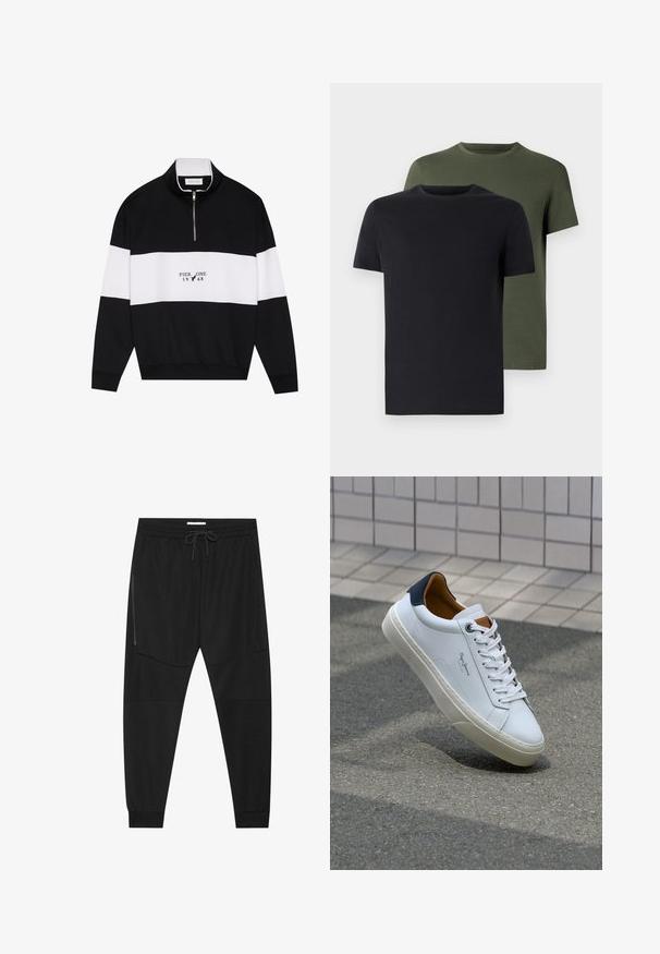 Pier One Sweatshirt - jet black; To t-skjorter med rund hals i svart og olivengrønn, laget av myk bomullstoff. Designet er enkelt med korte ermer og rett snitt.; Sorte treningsbukser laget av teksturert stoff, med justerbart liv, glidelåslomme på siden og avsmalnende mansjetter.; Hvit lærsneaker med marineblå hæl, rund tå og kontrasterende brune detaljer. Har flate lisser og teksturert gummisåle.