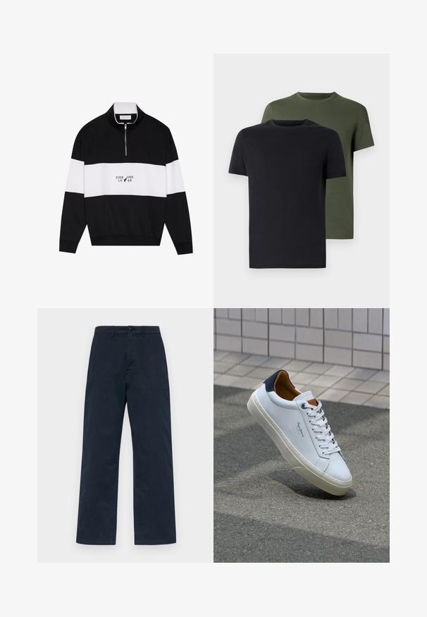 Pier One Mikina - jet black; Dvě trička s kulatým výstřihem v černé a olivově zelené barvě, vyrobená z měkké bavlny. Design je jednoduchý s krátkými rukávy a rovnými střihy.; Námořnické modré bavlněné kalhoty se střihem rovného nohavice, které mají přední uzávěr na knoflík a poutka na opasek. Jednoduchá, jednobarevná textura bez vzorů.; Bílé kožené tenisky s námořnickým podpatkem, kulatou špičkou a kontrastními hnědými detaily. Obsahují ploché tkaničky a texturovanou gumovou podrážku.