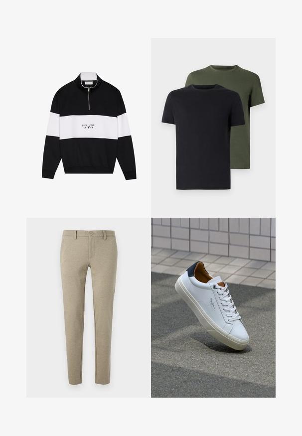 Pier One Sweatshirt - jet black; Two crew-neck t-shirts in black and olive green, made of soft cotton fabric. The design is simple with short sleeves and a straight cut.; Beige trousers made of textured material, featuring a button closure and tapered legs, with side pockets and subtle stitching details.; White leather sneaker with a navy heel, round toe, and contrasting brown accents. Features flat laces and textured rubber sole.