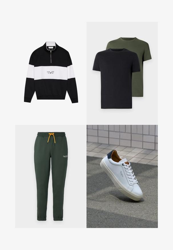 Pier One Sweatshirt - jet black; Zwei Rundhals-T-Shirts in Schwarz und Olivgrün, aus weichem Baumwollstoff gefertigt. Das Design ist schlicht mit kurzen Ärmeln und geradem Schnitt.; Dunkelgrüne Sweatpants aus einem weichen Material, mit einem elastischen Bund und gelben Kordeln sowie schmal zulaufenden Bündchen. Kleines Logodetail am Bein.; Weiße Ledersneaker mit navyfarbenem Fersenbereich, runder Zehenpartie und kontrastierenden braunen Akzenten. Verfügt über flache Schnürsenkel und eine strukturierte Gummisohle.