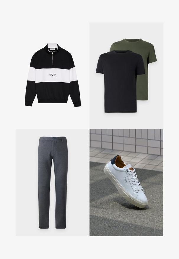 Pier One Športni pulover - jet black; Dve majice s okroglim izrezom v črni in olivno zeleni barvi, narejene iz mehkega bombažnega materiala. Oblikovanje je preprosto, z kratkimi rokavi in ravnim krojem.; Sive, teksturirane hlače s ravnim krojem, z obrobo za pas, sprednjimi žepi in enojnim gumbom za zapiranje.; Beli usnjeni čevelj s plavo peto, okrogelimi prsti in kontrastnimi rjavimi detajli. Ima ravne vezalke in teksturiran gumijast podplat.