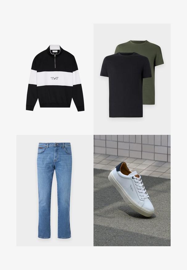 Pier One Sportinis megztinis - jet black; Du vtų polo marškiniai juodos ir alyvuogių spalvos, pagaminti iš minkštos medvilnės. Dizainas yra paprastas, su trumpomis rankovėmis ir tiesiu kirpimu.; Mėlyni džinsai su tiesiu kirpimu, penkiomis kišenėmis ir klasikiniu mygtuko uždarymu. Yra subtilių nusidėvėjimų ir kontrastingų siūlių.; Balti odiniai sportbačiai su mėlynu kulnu, apvalia nosimi ir kontrastingais rudais akcentais. Aptakios raišteliai ir tekstūruota guma.