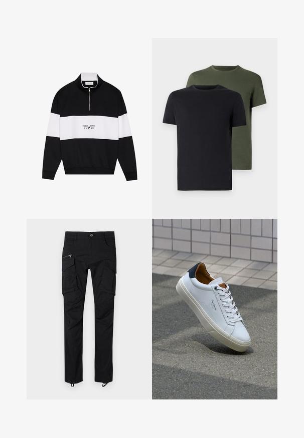 Pier One Sweatshirt - jet black; To stykker crew-neck t-shirts i sort og olivengrøn, lavet af blødt bomuldsstof. Designet er enkelt med korte ærmer og lige skæring.; Sorte cargo bukser lavet af slidstærkt stof, der har flere lommer, lynlåse og en justerbar kant for en sikker pasform.; Hvide lædersneakers med en marineblå hæl, rund tå og kontrasterende brune detaljer. Har flade snørebånd og en tekstureret gummisål.