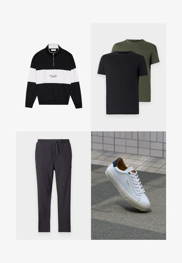 Pier One Športni pulover - jet black; Dve majice s okroglim izrezom v črni in olivno zeleni barvi, narejene iz mehkega bombažnega materiala. Oblikovanje je preprosto, z kratkimi rokavi in ravnim krojem.; Temno sivi jogger hlače z elastičnim pasom, z vrvico za zategovanje, stranskimi žepi in rebrasto teksturo po celotni dolžini.; Beli usnjeni čevelj s plavo peto, okrogelimi prsti in kontrastnimi rjavimi detajli. Ima ravne vezalke in teksturiran gumijast podplat.