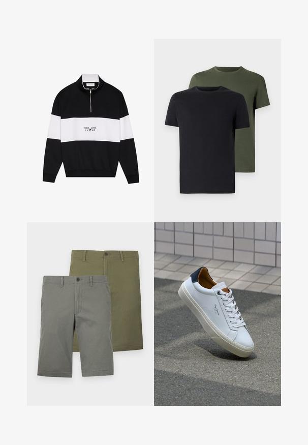 Pier One Sweater - jet black; Twee crew-neck t-shirts in zwart en olijfgroen, gemaakt van zachte katoen. Het ontwerp is eenvoudig met korte mouwen en een rechte snit.; Twee paar shorts in groene en olijfgroene kleuren. Beide hebben een gladde textuur, knoopsluitingen en een vlakke voorkant. Geen zichtbare patronen.; Witte leren sneaker met een marineblauwe hiel, ronde neus en contrasterende bruin accent. Beschikt over platte veters en een gestructureerde rubberen zool.