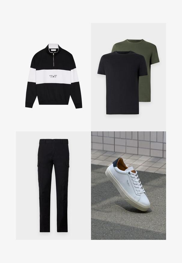 Pier One Melegítőfelső - jet black; Két crew neck póló fekete és olíva zöld színben, puha pamut anyagból. A design egyszerű, rövid ujjú és egyenes szabású.; Fekete cargo nadrág, tartós anyagból készült, normál szabású, gombos záródással és két oldalsó cargo zsebbel. Egyszerű, mintázat nélküli textúrával.; Fehér bőr sneaker sötétkék sarkúval, kerek orral és kontrasztos barna részletekkel. Lapított fűzőkkel és textúrált gumitalppal rendelkezik.
