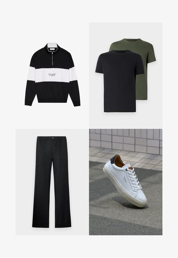 Pier One Felpa - jet black; Due magliette a girocollo in nero e verde oliva, realizzate in morbido cotone. Il design è semplice, con maniche corte e un taglio dritto.; Pantaloni in lino neri con una vestibilità rilassata, caratterizzati da una vita elastica e un dettaglio con bottone, che mostrano una superficie liscia e un design a gamba larga.; Sneaker bianca in pelle con tallone blu, punta rotonda e accenti marroni a contrasto. Presenta lacci piatti e suola in gomma testurizzata.