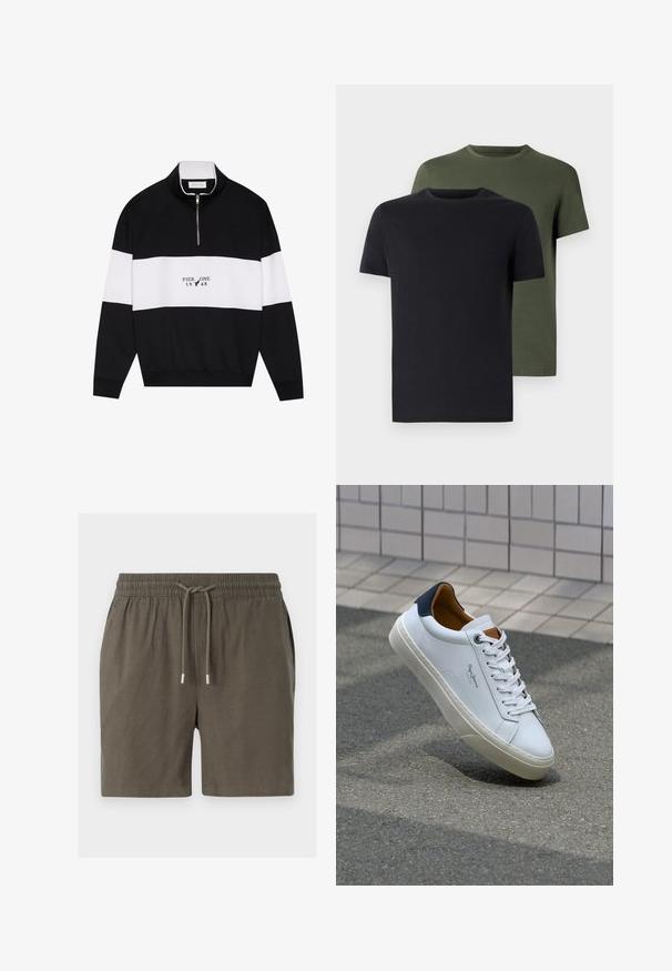 Pier One Sweatshirt - jet black; Two crew-neck t-shirts in black and olive green, made of soft cotton fabric. The design is simple with short sleeves and a straight cut.; Dark green shorts with an elastic waistband, drawstring closure, and a smooth, lightweight texture. No visible pockets or patterns.; White leather sneaker with a navy heel, round toe, and contrasting brown accents. Features flat laces and textured rubber sole.