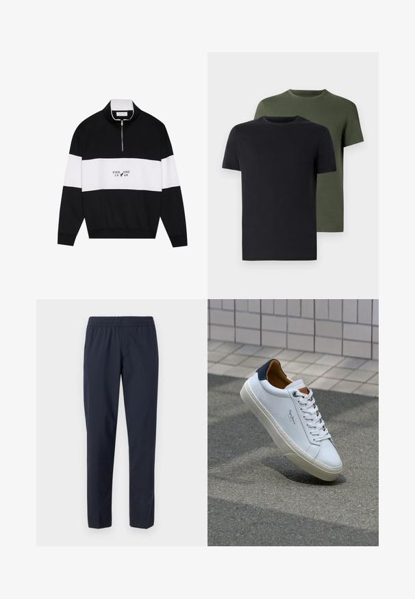 Pier One Sweatshirt - jet black; Two crew-neck t-shirts in black and olive green, made of soft cotton fabric. The design is simple with short sleeves and a straight cut.; Navy blue trousers with an elastic waistband, straight legs, lightweight fabric, and no visible pockets or embellishments.; White leather sneaker with a navy heel, round toe, and contrasting brown accents. Features flat laces and textured rubber sole.