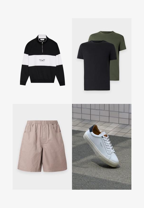 Pier One Sweatshirt - jet black; To t-skjorter med rund hals i svart og olivengrønn, laget av myk bomullstoff. Designet er enkelt med korte ermer og rett snitt.; Beige bomullsshorts med elastisk midje, to sidelommer og subtile sømdetaljer. Glatt tekstur, kne-lengde design.; Hvit lærsneaker med marineblå hæl, rund tå og kontrasterende brune detaljer. Har flate lisser og teksturert gummisåle.