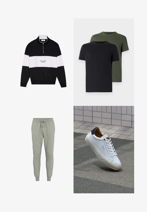 Pier One Sweatshirt - jet black; Två crew-neck t-shirts i svart och olivgrön, tillverkade av mjukt bomullstyg. Designen är enkel med korta ärmar och rak passform.; Grå sweatpants i mjukt stoff, med dragsko i midjan och ribbade avslut. Liten logotyp på vänster höft.; Vita lädersneakers med en marinblå häl, rund tå och kontrasterande bruna detaljer. Har plana snören och en texturerad gummisula.