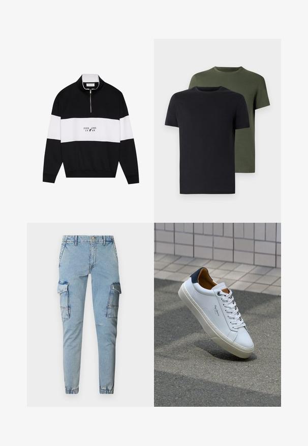 Pier One Mikina - jet black; Dvě trička s kulatým výstřihem v černé a olivově zelené barvě, vyrobená z měkké bavlny. Design je jednoduchý s krátkými rukávy a rovnými střihy.; Světle modré denimové cargo kalhoty s dvěma bočními kapsami, zúženými nohavicemi a elastickými manžetami. Obsahují jemné vyblednutí a detaily prošívání.; Bílé kožené tenisky s námořnickým podpatkem, kulatou špičkou a kontrastními hnědými detaily. Obsahují ploché tkaničky a texturovanou gumovou podrážku.