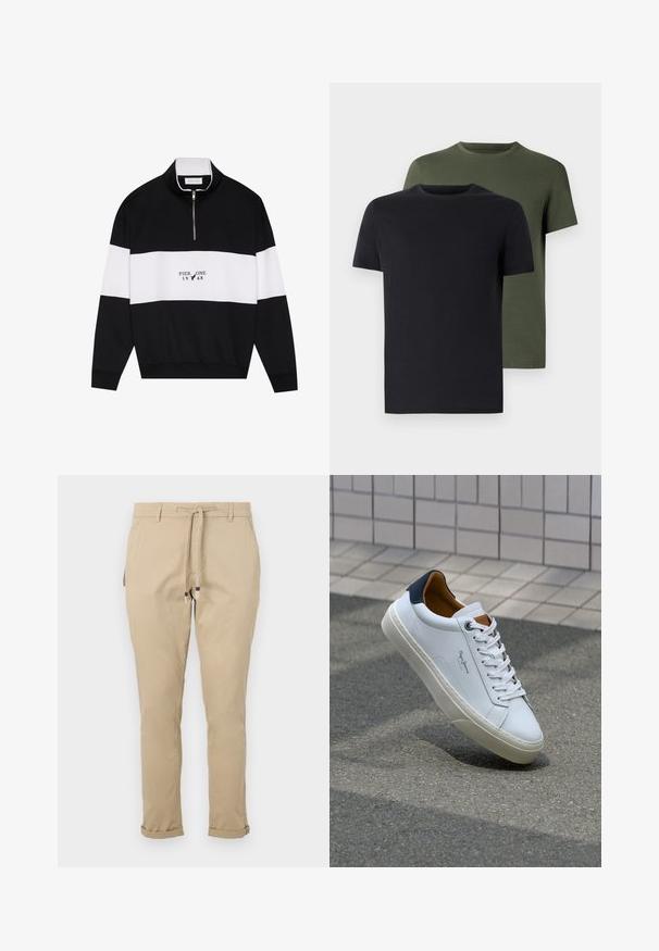 Pier One Sweatshirt - jet black; Zwei Rundhals-T-Shirts in Schwarz und Olivgrün, aus weichem Baumwollstoff gefertigt. Das Design ist schlicht mit kurzen Ärmeln und geradem Schnitt.; Beige Schlafanzughosen mit tapered Schnitt, seitlichen Taschen und umgeschlagenen Säumen für ein elegantes Design. Hergestellt aus leichtem Stoff.; Weiße Ledersneaker mit navyfarbenem Fersenbereich, runder Zehenpartie und kontrastierenden braunen Akzenten. Verfügt über flache Schnürsenkel und eine strukturierte Gummisohle.