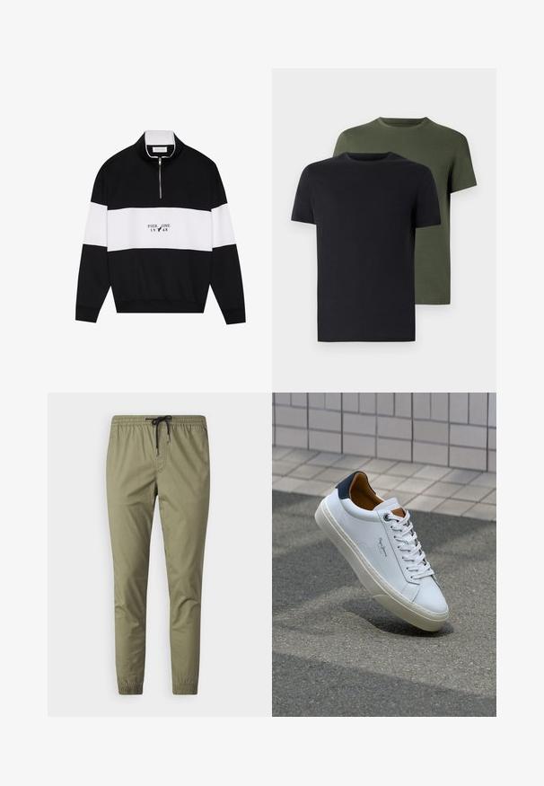 Pier One Mikina - jet black; Dvé tričká s okrúhlym výstrihom v čiernej a olivovej zelenej farbe, vyrobené z mäkkej bavlnenej látky. Dizajn je jednoduchý s krátkymi rukávmi a rovný strih.; Svetlo olivovo zelené jogger nohavice vyrobené z jemnej tkaniny, ktoré majú elastický pás so šnúrkou a elastické manžety na členkoch.; Biele kožené tenisky s námorníckym opätkom, okrúhlou špičkou a kontrastnými hnedými akcentami. Majú ploché šnúrky a textúrovanú gumovú podrážku.