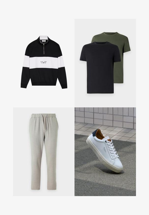 Pier One Sweatshirt - jet black; Zwei Rundhals-T-Shirts in Schwarz und Olivgrün, aus weichem Baumwollstoff gefertigt. Das Design ist schlicht mit kurzen Ärmeln und geradem Schnitt.; Hellgraue Jogginghosen mit einem elastischen Bund und Kordelzug, tapered Beinen und einem strukturierten Stoff für zusätzlichen Komfort.; Weiße Ledersneaker mit navyfarbenem Fersenbereich, runder Zehenpartie und kontrastierenden braunen Akzenten. Verfügt über flache Schnürsenkel und eine strukturierte Gummisohle.