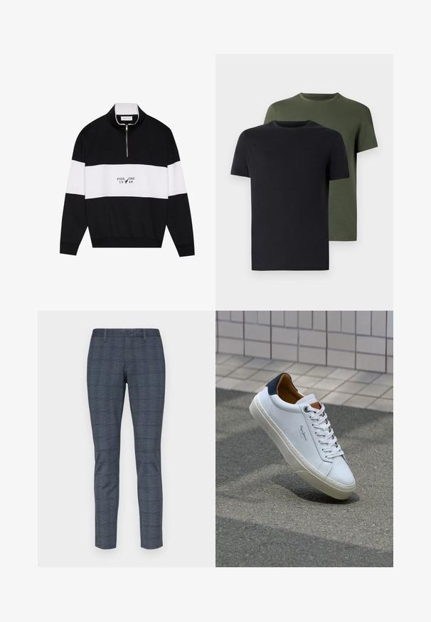 Pier One Športni pulover - jet black; Dve majice s okroglim izrezom v črni in olivno zeleni barvi, narejene iz mehkega bombažnega materiala. Oblikovanje je preprosto, z kratkimi rokavi in ravnim krojem.; Hlače slim fit v temno modrem kariranem vzorcu, s ravnim sprednjim delom, gumbom za zapiranje in stranskimi žepi. Oblikovan dizajn z gladko teksturo.; Beli usnjeni čevelj s plavo peto, okrogelimi prsti in kontrastnimi rjavimi detajli. Ima ravne vezalke in teksturiran gumijast podplat.