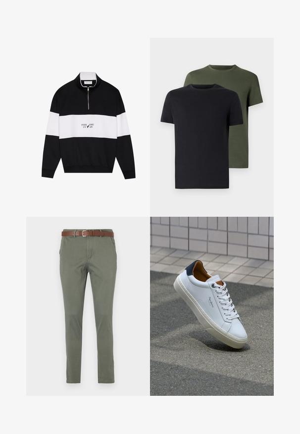 Pier One - Bluza; Dwa t-shirty z okrągłym dekoltem w czarnym i oliwkowym kolorze, wykonane z miękkiej bawełny. Design jest prosty, posiada krótkie rękawy i prosty krój.; Oliwkowe chinosy o prostym kroju, z brązowym skórzanym paskiem, bocznymi kieszeniami i subtelną teksturowaną tkaniną.; Białe skórzane trampki z granatowym piętkiem, okrągłym noskiem i kontrastowymi brązowymi akcentami. Posiadają płaskie sznurówki i teksturowaną gumową podeszwę.