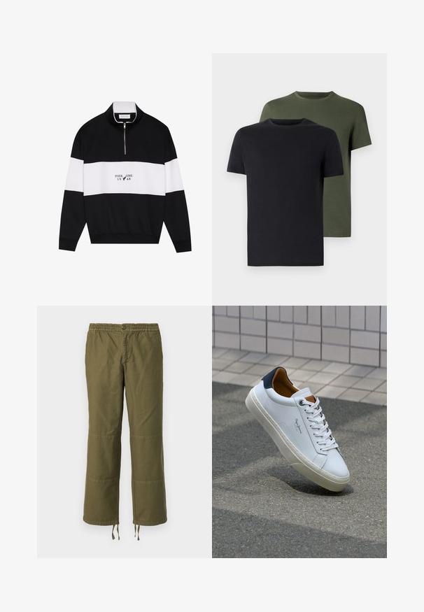 Pier One Sweatshirt - jet black; Zwei Rundhals-T-Shirts in Schwarz und Olivgrün, aus weichem Baumwollstoff gefertigt. Das Design ist schlicht mit kurzen Ärmeln und geradem Schnitt.; Olivengrüne, weit geschnittene Hosen aus Baumwolle mit einem elastischen Bund, einem Knopfverschluss und kontrastierenden Patches auf den Knien.; Weiße Ledersneaker mit navyfarbenem Fersenbereich, runder Zehenpartie und kontrastierenden braunen Akzenten. Verfügt über flache Schnürsenkel und eine strukturierte Gummisohle.
