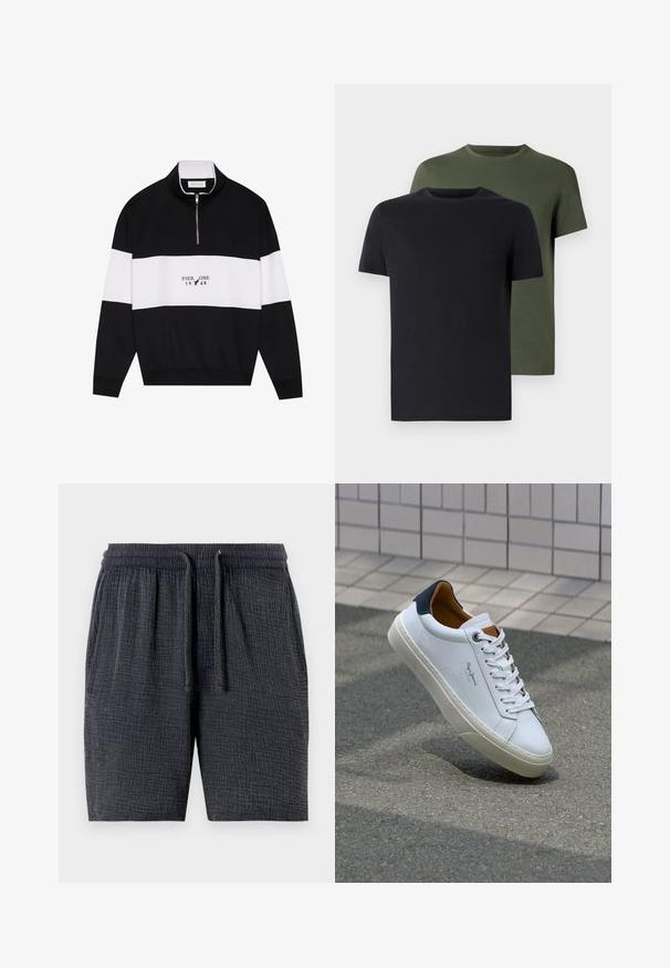 Pier One Sweatshirt - jet black; Zwei Rundhals-T-Shirts in Schwarz und Olivgrün, aus weichem Baumwollstoff gefertigt. Das Design ist schlicht mit kurzen Ärmeln und geradem Schnitt.; Dunkelgraue Shorts aus strukturiertem Stoff, mit elastischem Taillenbund und Kordelzug sowie seitlichen Taschen.; Weiße Ledersneaker mit navyfarbenem Fersenbereich, runder Zehenpartie und kontrastierenden braunen Akzenten. Verfügt über flache Schnürsenkel und eine strukturierte Gummisohle.