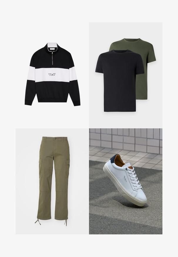 Pier One Sweatshirt - jet black; Zwei Rundhals-T-Shirts in Schwarz und Olivgrün, aus weichem Baumwollstoff gefertigt. Das Design ist schlicht mit kurzen Ärmeln und geradem Schnitt.; Olivegrüne Cargo-Hosen mit geradem Bein, ausgestattet mit zwei Seitentaschen und verstellbaren Bändern an den Bündchen. Hergestellt aus strapazierfähigem Material.; Weiße Ledersneaker mit navyfarbenem Fersenbereich, runder Zehenpartie und kontrastierenden braunen Akzenten. Verfügt über flache Schnürsenkel und eine strukturierte Gummisohle.