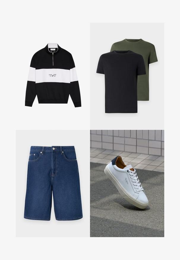 Pier One Sweater - jet black; Twee crew-neck t-shirts in zwart en olijfgroen, gemaakt van zachte katoen. Het ontwerp is eenvoudig met korte mouwen en een rechte snit.; Denim shorts in een donkerblauwe tint met een klassieke snit, voorzien van een vijf-pocket ontwerp en contrasterende stikseldetails.; Witte leren sneaker met een marineblauwe hiel, ronde neus en contrasterende bruin accent. Beschikt over platte veters en een gestructureerde rubberen zool.