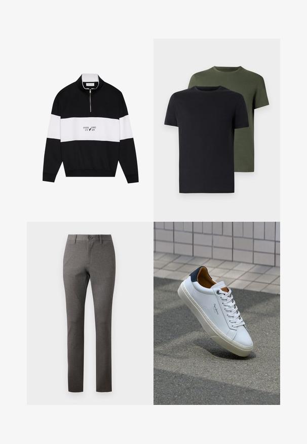 Pier One Felpa - jet black; Due magliette a girocollo in nero e verde oliva, realizzate in morbido cotone. Il design è semplice, con maniche corte e un taglio dritto.; Pantaloni grigi con tessuto testurizzato, vestibilità dritta, tasche frontali e chiusura con un solo bottone in vita.; Sneaker bianca in pelle con tallone blu, punta rotonda e accenti marroni a contrasto. Presenta lacci piatti e suola in gomma testurizzata.
