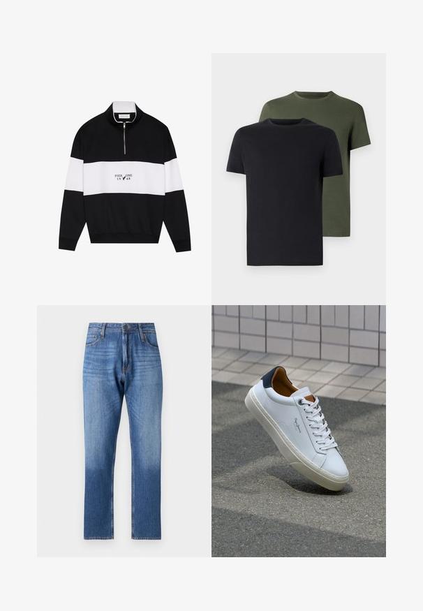 Pier One Melegítőfelső - jet black; Két crew neck póló fekete és olíva zöld színben, puha pamut anyagból. A design egyszerű, rövid ujjú és egyenes szabású.; Kék farmernadrág fokozatos világosító hatással a szegély irányába, egyenes szabás, öt zseb, és fémből készült gombbal záródik.; Fehér bőr sneaker sötétkék sarkúval, kerek orral és kontrasztos barna részletekkel. Lapított fűzőkkel és textúrált gumitalppal rendelkezik.