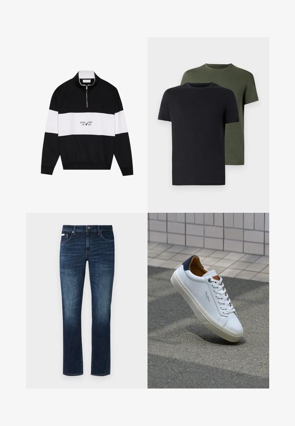 Pier One Sweater - jet black; Twee crew-neck t-shirts in zwart en olijfgroen, gemaakt van zachte katoen. Het ontwerp is eenvoudig met korte mouwen en een rechte snit.; Donkerblauwe denim jeans met een rechte pasvorm, voorzien van een klassiek vijf-pocketontwerp, koperen details en subtiele vervagingselementen.; Witte leren sneaker met een marineblauwe hiel, ronde neus en contrasterende bruin accent. Beschikt over platte veters en een gestructureerde rubberen zool.