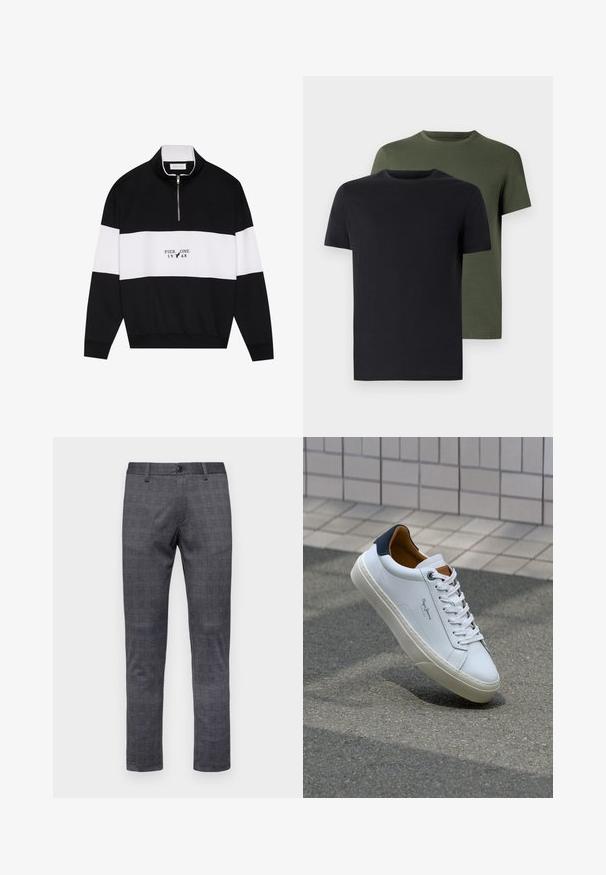 Pier One - Bluza; Dwa t-shirty z okrągłym dekoltem w czarnym i oliwkowym kolorze, wykonane z miękkiej bawełny. Design jest prosty, posiada krótkie rękawy i prosty krój.; Szare kratkowane spodnie o slim fit, z zapięciem na guzik, szlufkami na pasek i strukturalną tkaniną.; Białe skórzane trampki z granatowym piętkiem, okrągłym noskiem i kontrastowymi brązowymi akcentami. Posiadają płaskie sznurówki i teksturowaną gumową podeszwę.