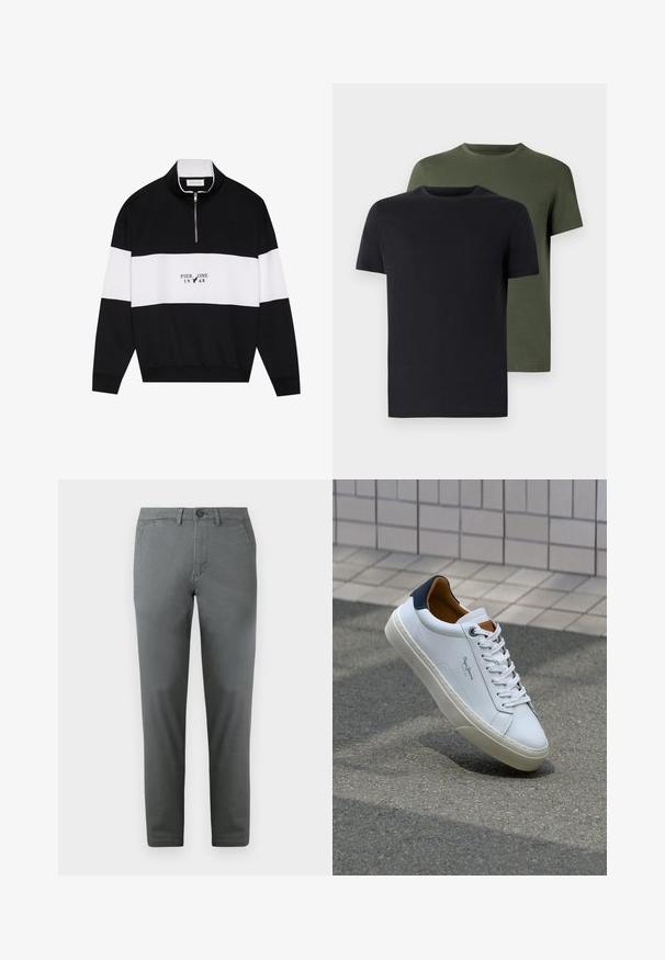 Pier One Sweatshirt - jet black; To stykker crew-neck t-shirts i sort og olivengrøn, lavet af blødt bomuldsstof. Designet er enkelt med korte ærmer og lige skæring.; Grå bomulds chinos med slim fit, der har en frontlukning med knap, to sidelommer og en glat overflade. Elegant design.; Hvide lædersneakers med en marineblå hæl, rund tå og kontrasterende brune detaljer. Har flade snørebånd og en tekstureret gummisål.