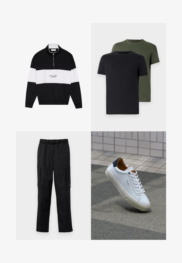Pier One Sweater - jet black; Twee crew-neck t-shirts in zwart en olijfgroen, gemaakt van zachte katoen. Het ontwerp is eenvoudig met korte mouwen en een rechte snit.; Zwarte cargobroek met een elastische tailleband, een verstelbare riem, meerdere zijzakken en een gladde, lichte stofstructuur.; Witte leren sneaker met een marineblauwe hiel, ronde neus en contrasterende bruin accent. Beschikt over platte veters en een gestructureerde rubberen zool.