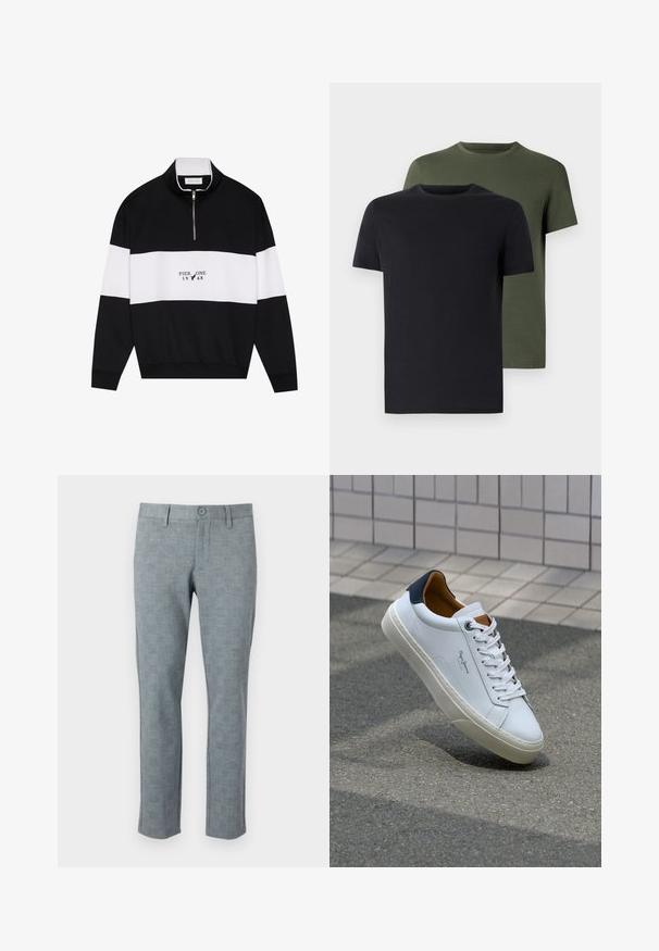 Pier One Sweatshirt - jet black; To stykker crew-neck t-shirts i sort og olivengrøn, lavet af blødt bomuldsstof. Designet er enkelt med korte ærmer og lige skæring.; Grå strukturerede bukser med et subtilt ternet mønster. Har en knaplukning og lige ben-design, lavet af et let stof.; Hvide lædersneakers med en marineblå hæl, rund tå og kontrasterende brune detaljer. Har flade snørebånd og en tekstureret gummisål.