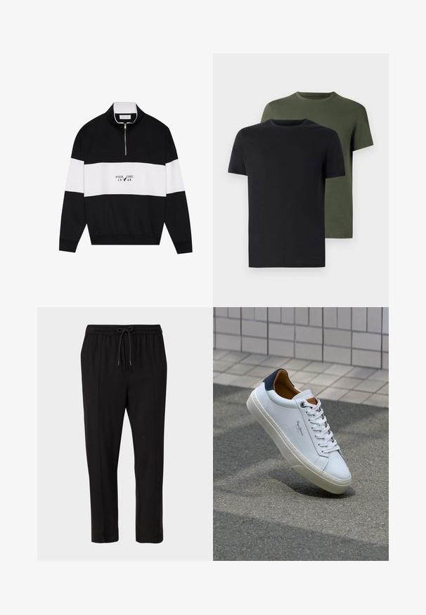 Pier One Felpa - jet black; Due magliette a girocollo in nero e verde oliva, realizzate in morbido cotone. Il design è semplice, con maniche corte e un taglio dritto.; Only & Sons ONSSEJER PANT - Pantaloni - black; Sneaker bianca in pelle con tallone blu, punta rotonda e accenti marroni a contrasto. Presenta lacci piatti e suola in gomma testurizzata.