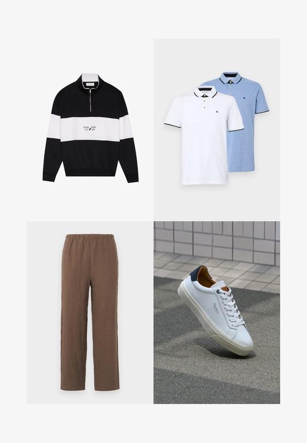 Pier One Felpa - jet black; Due polo shirt: uno bianco con dettagli neri, l'altro in blu chiaro melange. Ognuno presenta un colletto e una chiusura a due bottoni con logo.; Pantaloni in lino marrone con vestibilità rilassata, dotati di un elastico in vita morbido e gambe dritte, texture liscia e dettagli minimi.; Sneaker bianca in pelle con tallone blu, punta rotonda e accenti marroni a contrasto. Presenta lacci piatti e suola in gomma testurizzata.