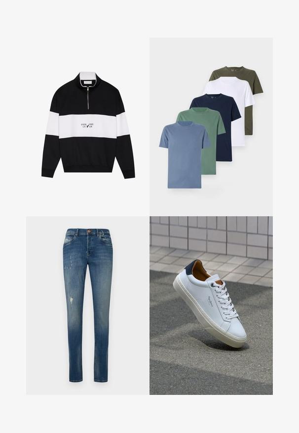 Pier One Pusa - jet black; Viis ümarate kaelustega T-särki erinevates värvides: helesinine, roheline, tumehall, valge ja oliivroheline. Valmistatud puuvillast, lühikeste varukatega ja diskreetse logoga.; Kitsa lõikega sinised teksad, mis on valmistatud denimist, omavad kulunud viimistlust, peent kulumist reie piirkonnas ning klassikalist viie tasku disaini.; Valge nahast tennis, millel on tumesinine konts, ümmargune nina ja kontrastsed pruuni aktsendid. Omab lamepaelti ja tekstureeritud kummist tallat.